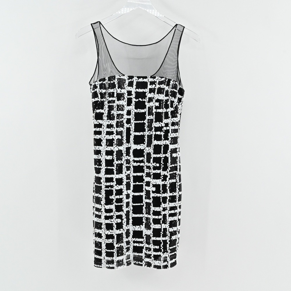 Aidan Mattox‎ Sequin Mini Dress Womens Size 2 Black White Sheath Sleeveless Mesh - Picture 2 of 15